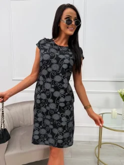 Czarna Wzorzysta Sukienka z Kieszeniami 13729-157-B|Modna Kiecka Hot