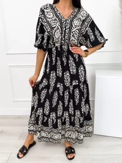 Czarna Wzorzysta Sukienka Maxi 12539-421-Q|Modna Kiecka Online