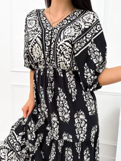 Czarna Wzorzysta Sukienka Maxi 12539-421-Q|Modna Kiecka Online