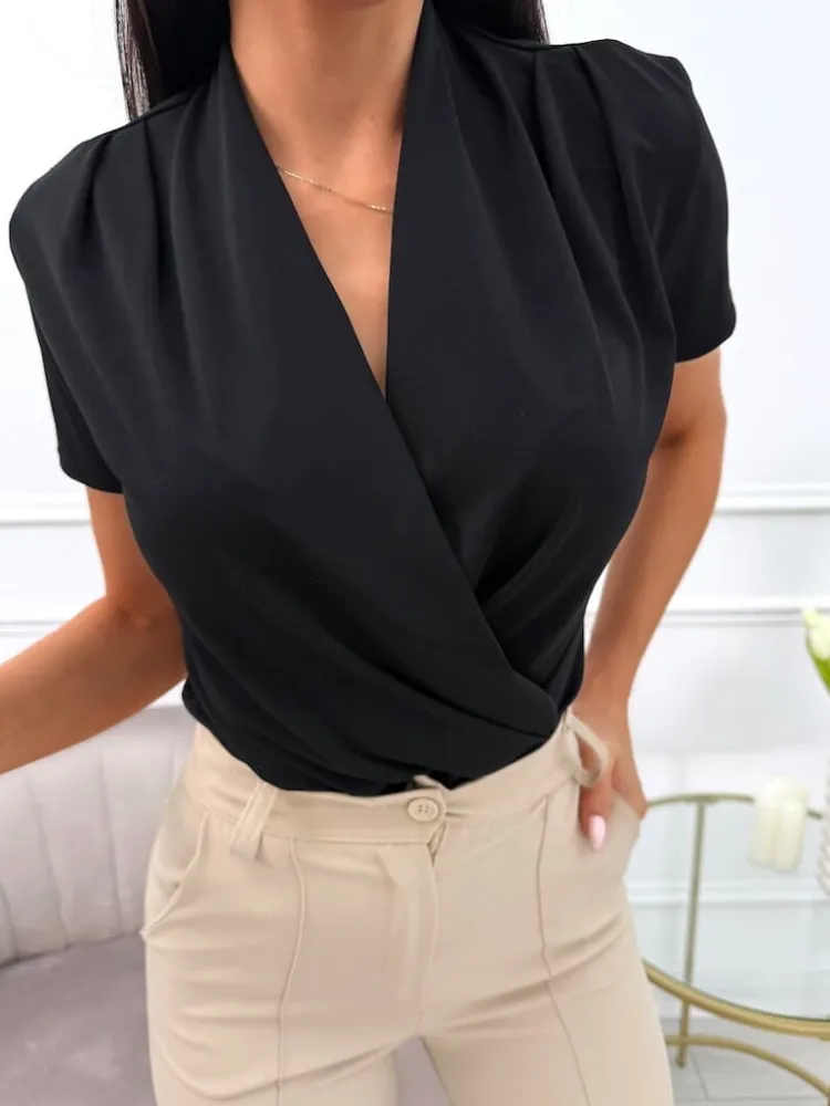 Czarne Body z Kopertowym Dekoltem 13842-136-B|Modna Kiecka Hot