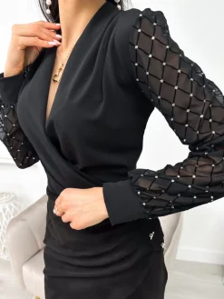 Czarne Body z Ozdobnym Rękawem 11364-272-Q|Modna Kiecka Discount