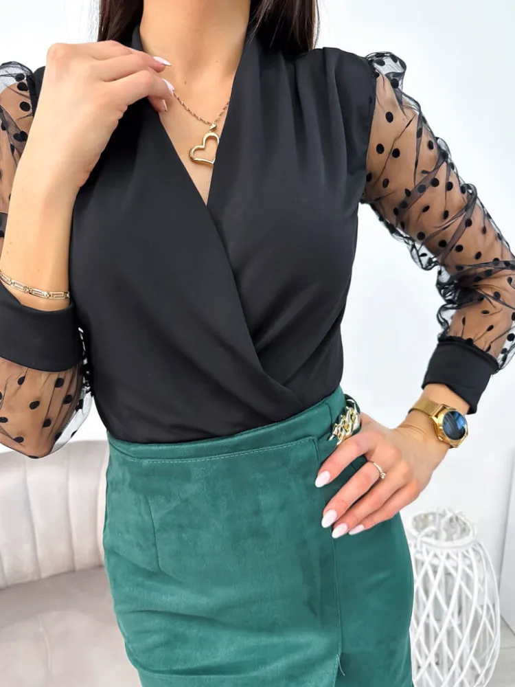 Czarne Body z Ozdobnym Rękawem 11189-518-Q|Modna Kiecka Outlet