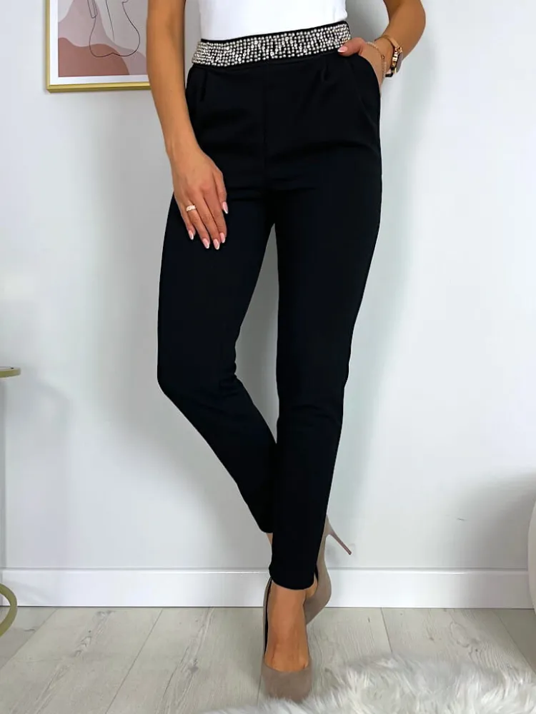 Czarne Cygaretki z Ozdobnym Pasem 11484-357-Q|Modna Kiecka Fashion