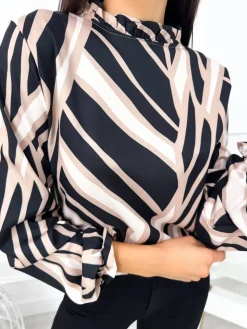 Czarno-Beżowa Bluzka ze Stójką 12864-100-A|Modna Kiecka Fashion