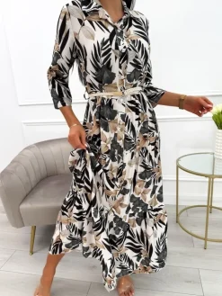 Czarno-Beżowa Sukienka Maxi w Roślinny Wzór 13900-418-A|Modna Kiecka Sale