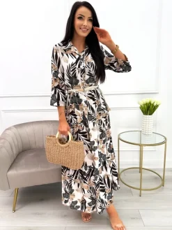 Czarno-Beżowa Sukienka Maxi w Roślinny Wzór  13900-418-A|Modna Kiecka Sale