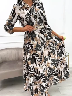 Czarno-Beżowa Sukienka Maxi w Roślinny Wzór  13900-418-A|Modna Kiecka Sale