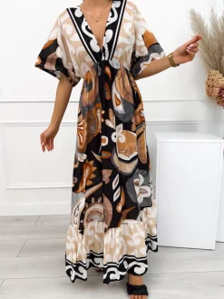 Czarno-Beżowa Sukienka Maxi z Dekoltem V 12577-163-A|Modna Kiecka Fashion