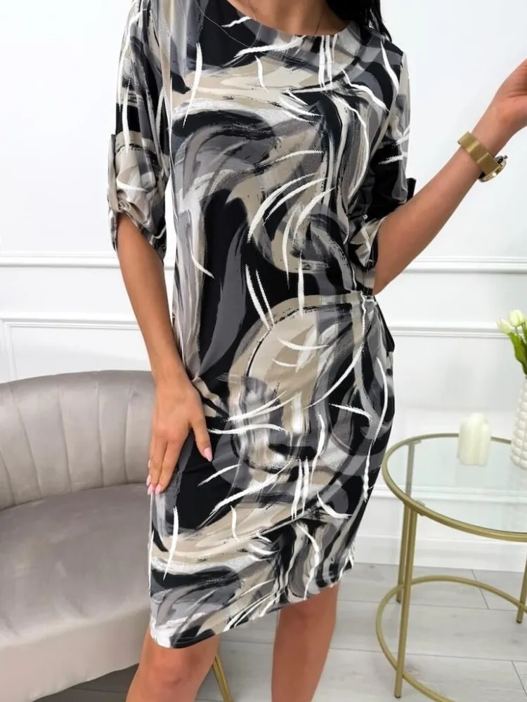 Czarno-Beżowa Wzorzysta Sukienka z Kieszeniami 13689-35-Q|Modna Kiecka Fashion