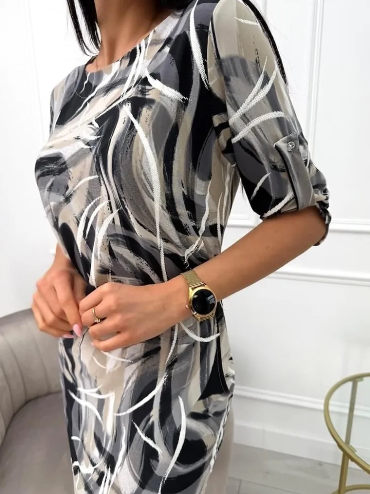 Czarno-Beżowa Wzorzysta Sukienka z Kieszeniami 13689-35-Q|Modna Kiecka Fashion