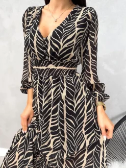 Czarno-Beżowa Wzorzysta Sukienka Maxi 13140-351-B|Modna Kiecka Sale