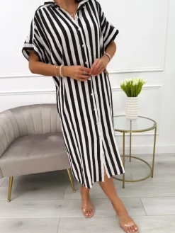 Czarno-Biała Sukienka w Paski Oversize 13994-20-B|Modna Kiecka Discount