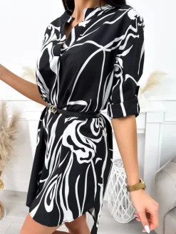 Czarno-Biała Sukienka/Tunika z Paskiem 11985-104-Q|Modna Kiecka Outlet