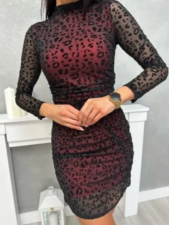 Czarno-Bordowa Sukienka w Panterkę 13397-82-Q|Modna Kiecka New