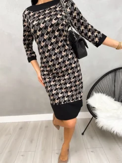 Czarno-Brązowa Sukienka ze Wzorem 13210-150-B|Modna Kiecka Hot