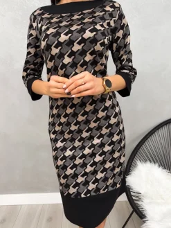 Czarno-Brązowa Sukienka ze Wzorem 13210-150-B|Modna Kiecka Hot