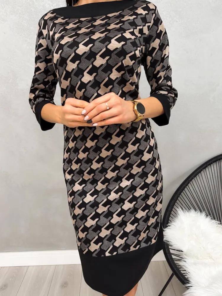 Czarno-Brązowa Sukienka ze Wzorem 13210-150-B|Modna Kiecka Hot