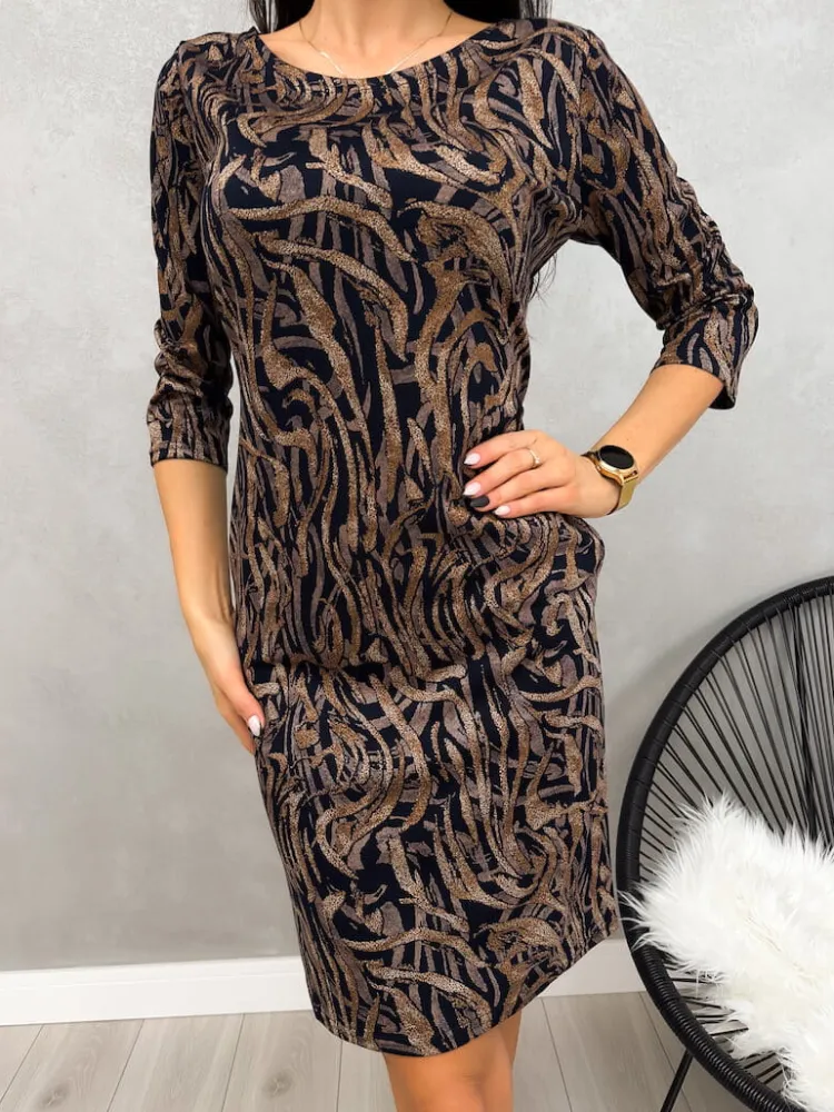 Czarno-Brązowa Sukienka ze Wzorem 13162-502 13162-502-Q|Modna Kiecka Discount