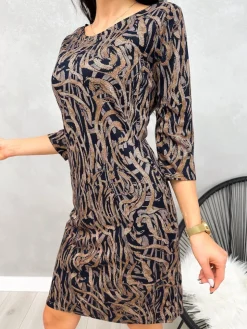 Czarno-Brązowa Sukienka ze Wzorem 13162-502 13162-502-Q|Modna Kiecka Discount