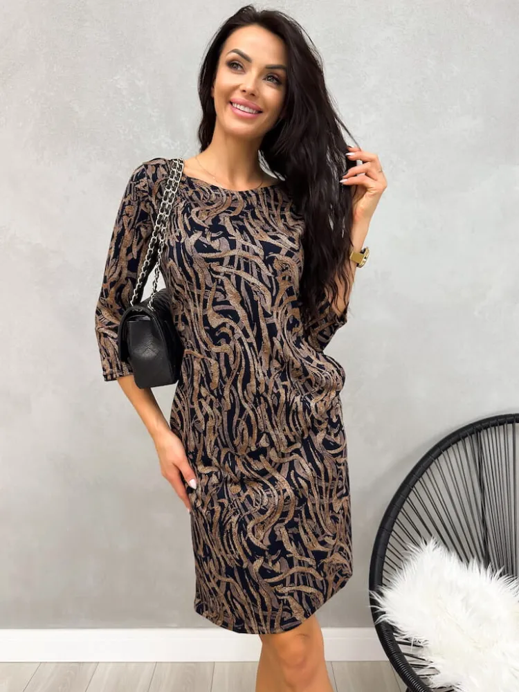 Czarno-Brązowa Sukienka ze Wzorem 13162-502 13162-502-Q|Modna Kiecka Discount