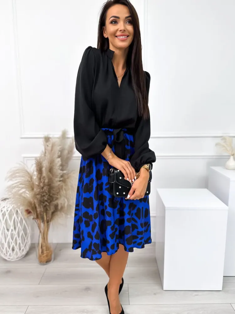 Czarno-Kobaltowa Sukienka w Panterkę 10867-239-C|Modna Kiecka Outlet