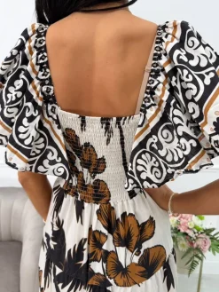 Czarno-Kremowa Sukienka Maxi ze Wzorem 14011-136-B|Modna Kiecka Fashion