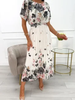 Czarno-Kremowa Sukienka z Motywem Kwiatowym i Paskiem 13961-80-A|Modna Kiecka Fashion