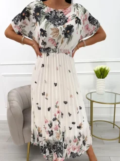 Czarno-Kremowa Sukienka z Motywem Kwiatowym i Paskiem 13961-80-A|Modna Kiecka Fashion