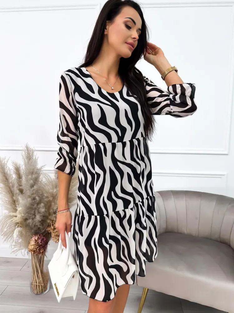 Czarno-Kremowa Sukienka ze Wzorem 10410-208-Q|Modna Kiecka Discount