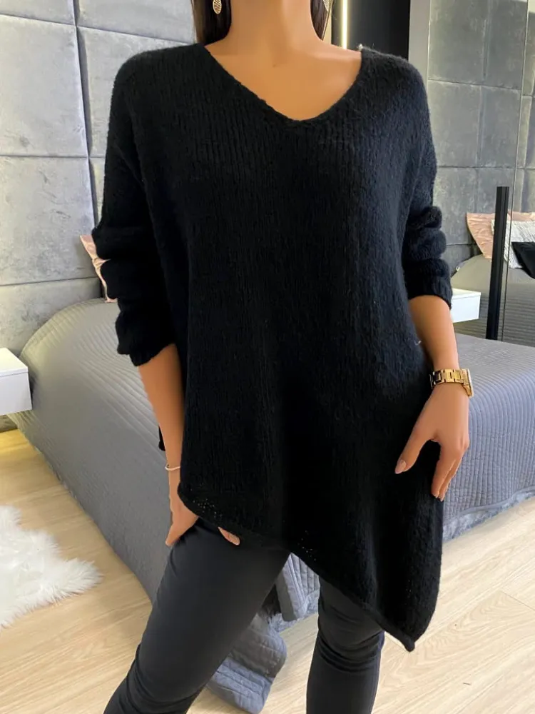 Czarny Asymetryczny Sweterek 11752-349-C|Modna Kiecka Discount