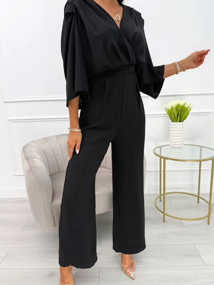 Czarny Kombinezon z Dekoltem V 13965-349-A|Modna Kiecka Fashion
