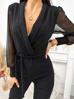 Czarny Kombinezon z Ozdobnym Rękawem 11660-131-B|Modna Kiecka Discount