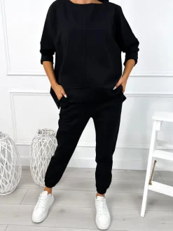 Czarny Komplet Bluza Oversize + Spodnie 12784-104-B|Modna Kiecka Sale