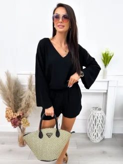 Czarny Komplet Bluzka+Spodenki 12242-22-B|Modna Kiecka Fashion