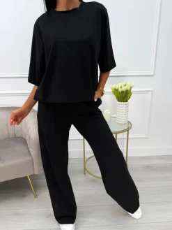 Czarny Komplet T-shirt Oversize + Spodnie 13789-174-B|Modna Kiecka Fashion