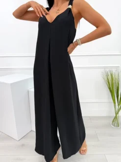 Czarny Letni Kombinezon z Szerokimi Nogawkami  14109-281-A|Modna Kiecka Fashion