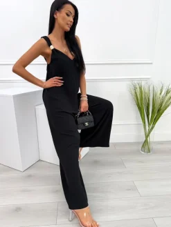 Czarny Letni Kombinezon z Szerokimi Nogawkami  14109-281-A|Modna Kiecka Fashion