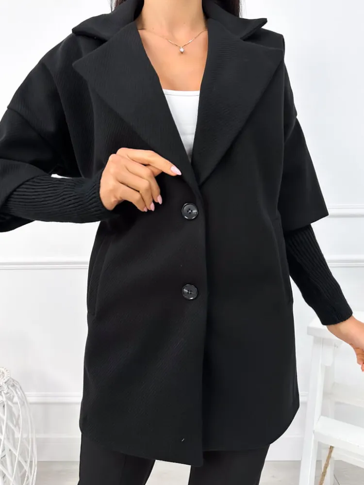 Czarny Płaszcz ze Ściągaczem 12940-232-B|Modna Kiecka Online