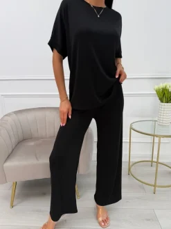 Czarny Prążkowany Komplet 13864-513-B|Modna Kiecka Outlet
