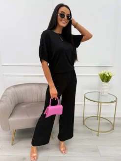 Czarny Prążkowany Komplet 13864-513-B|Modna Kiecka Outlet