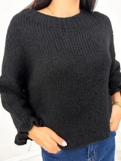 Czarny Sweterek z Ozdobnym Rękawem 12885-312-C|Modna Kiecka Outlet