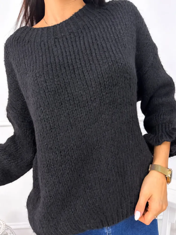 Czarny Sweterek z Ozdobnym Rękawem 12885-312-C|Modna Kiecka Outlet