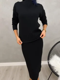 Czarny Sweterkowy Komplet z Ozdobną Broszką 13204-513-D|Modna Kiecka Discount