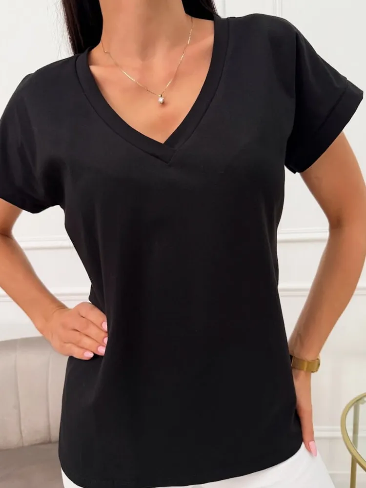 Czarny T-shirt z Dekoltem V 13669-140-D|Modna Kiecka Clearance
