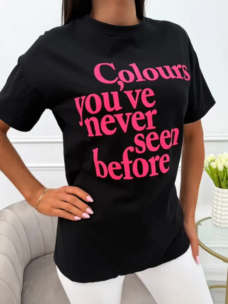 Czarny T-shirt z Nadrukiem 13959-41-B|Modna Kiecka Online