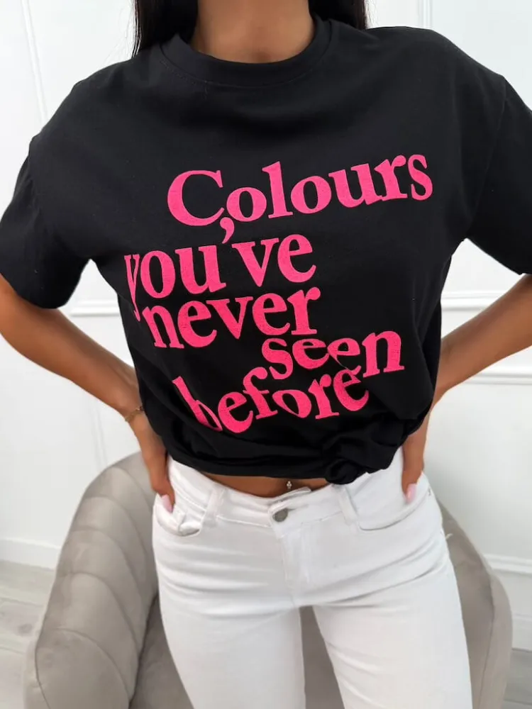 Czarny T-shirt z Nadrukiem 13959-41-B|Modna Kiecka Online
