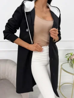 Czarny Zamszowy Płaszcz z Kapturem 13561-420-B|Modna Kiecka Hot