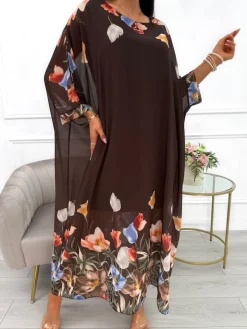 Czekoladowa Szyfonowa Sukienka Oversize w Kwiaty 14075-12-B|Modna Kiecka Hot