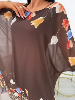 Czekoladowa Szyfonowa Sukienka Oversize w Kwiaty 14075-12-B|Modna Kiecka Hot