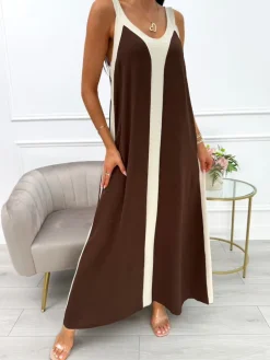Czekoladowo-Beżowa Sukienka Maxi 13953-261-C|Modna Kiecka Sale